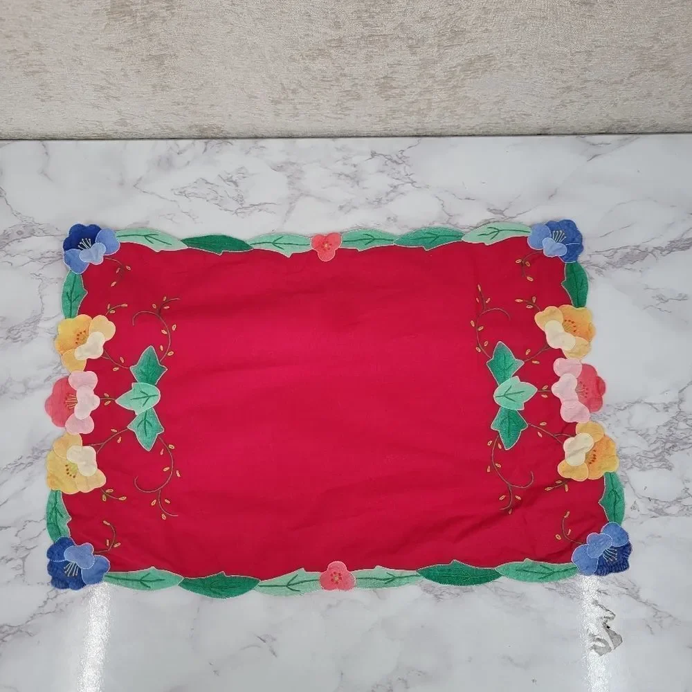 Vintage Placemat Set Red and Blue with Hand Embroidered Flowers Leaves 4pc
